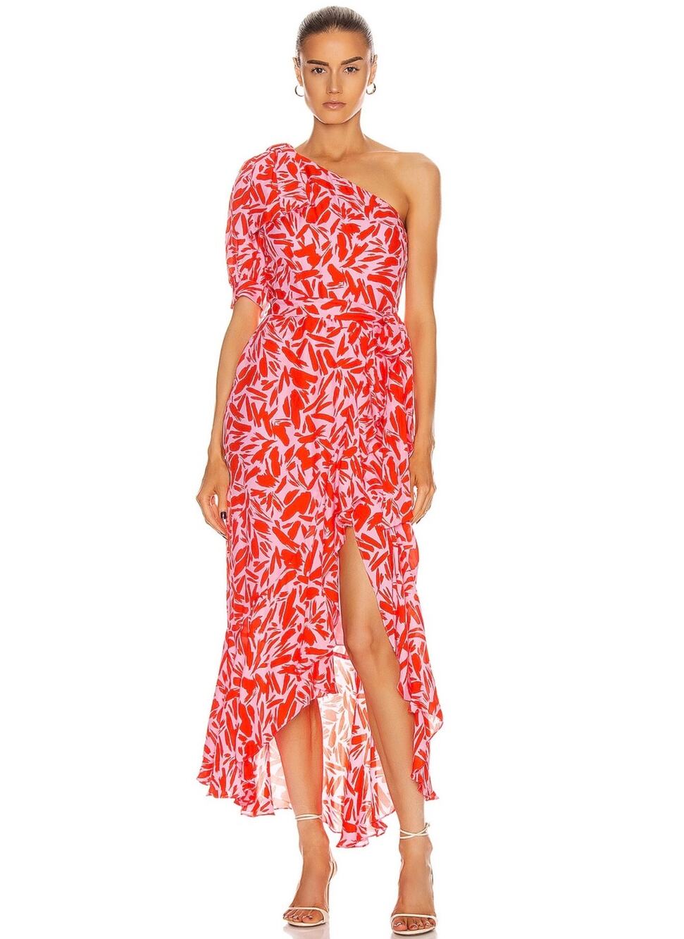 Veronica Beard Silk Blend One Shoulder Maxi Dress Size 8 Pink Red Ruffle